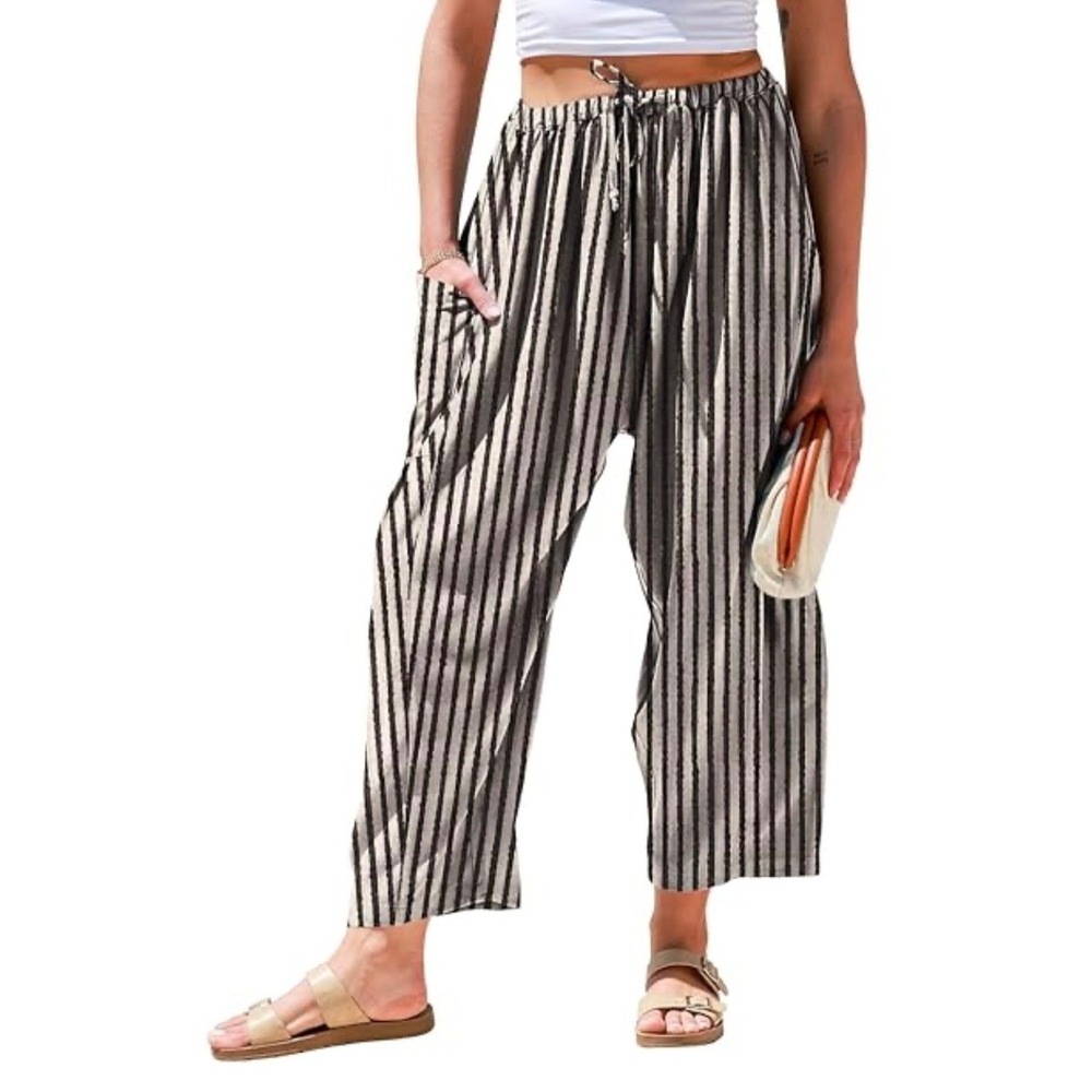 TARSE Womens Medium Striped Wide Leg Barrel Pants Tan Boho Linen Blend Festival